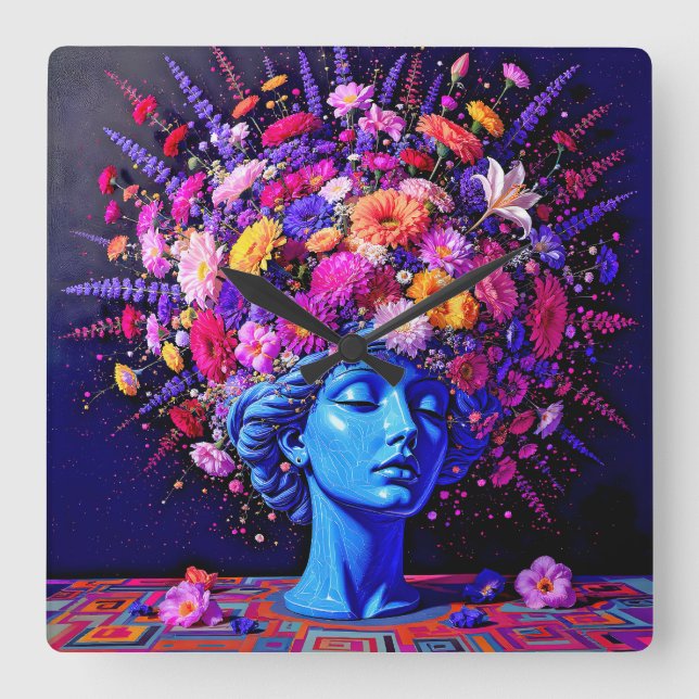 "Bloom of Eternity" – A Colourful Surreal Portrait Square Wall Clock (Front)