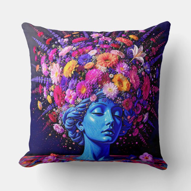 "Bloom of Eternity" – A Colourful Surreal Portrait Throw Pillow (Front)