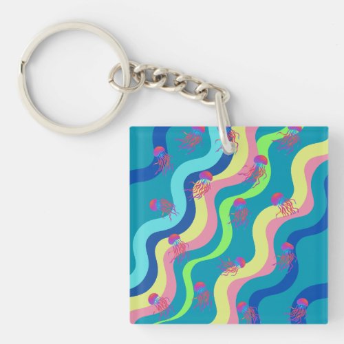 Bloom of jelly fishes abstract art keychain
