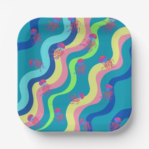 Bloom of jelly fishes abstract art paper plates