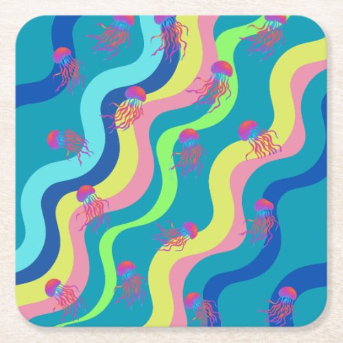 Bloom of jelly fishes abstract art square paper coaster