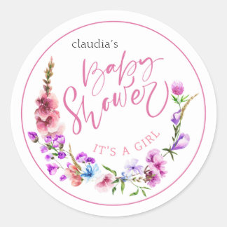 bloom pink and violet watercolor floral babyshower classic round sticker