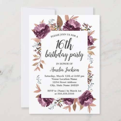 Bloom Purple Watercolor 16th Birthday Invitation