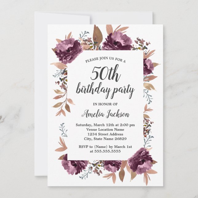 Bloom Purple Watercolor 50th Birthday Invitation (Front)