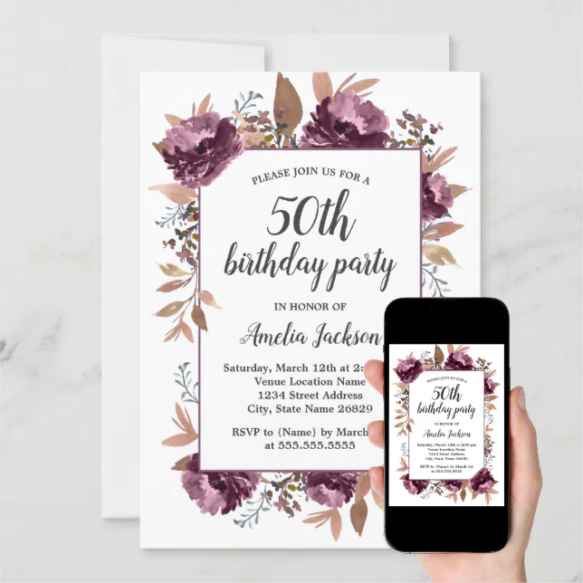 Bloom Purple Watercolor 50th Birthday Invitation | Zazzle