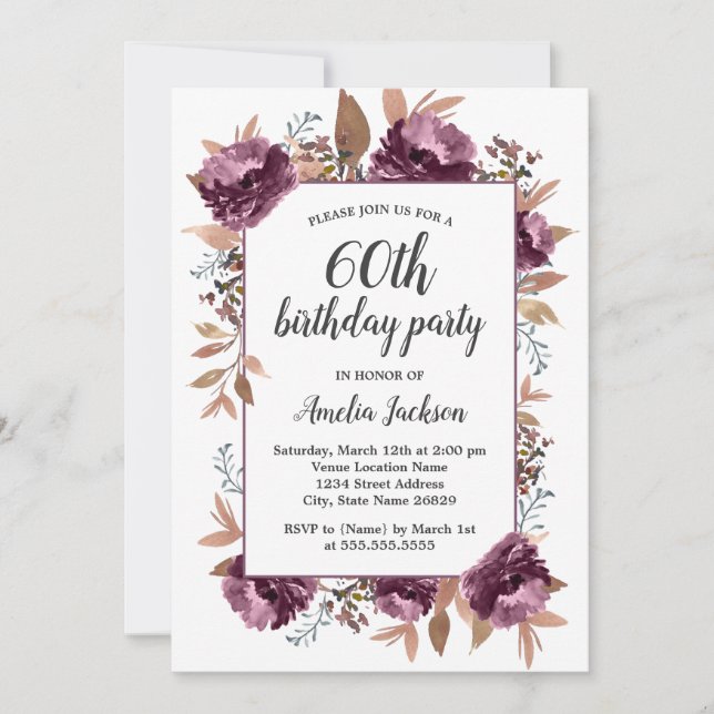 Bloom Purple Watercolor 70th Birthday Invitation (Front)