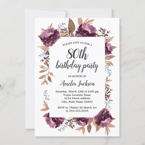 Bloom Purple Watercolor 80th Birthday Invite