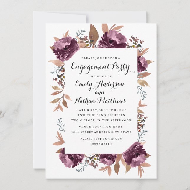Bloom Purple Watercolor Engagement Party Invite (Front)