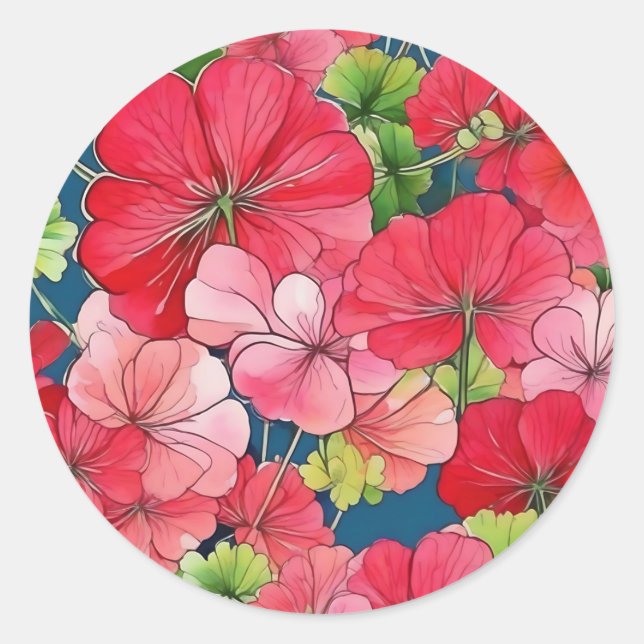 Bloom Watercolor Geranium Classic Round Sticker (Front)