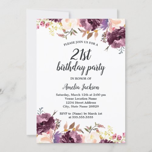 Bloom Watercolor Purple Floral 21st Birthday Party Invitation