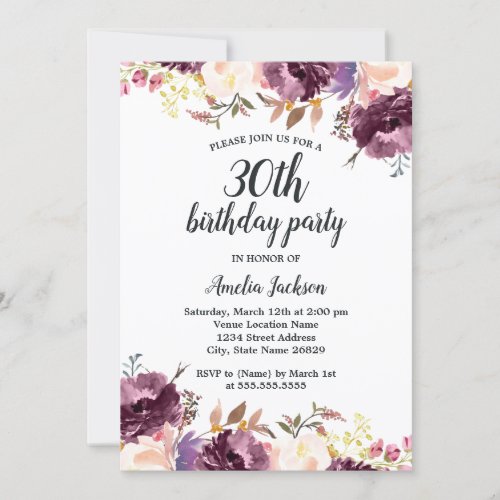 Bloom Watercolor Purple Floral 30th Birthday Party Invitation