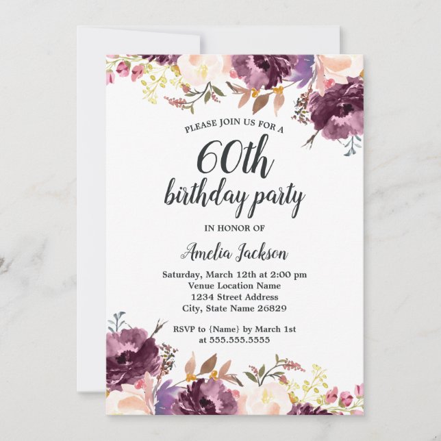 Bloom Watercolor Purple Floral 60th Birthday Party Invitation (Front)