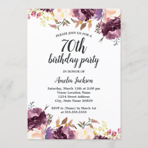 Bloom Watercolor Purple Floral 70th Birthday Party Invitation