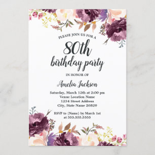 Bloom Watercolor Purple Floral 80th Birthday Party Invitation