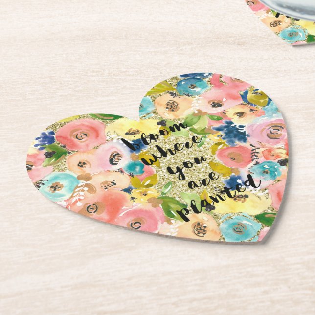 Bloom Where You Are Planted Gold Glitter Floral  Paper Coaster (Angled)