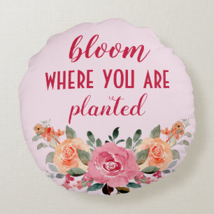 Bloom Where You Are Planted-Pink Orange Tan Floral Round Pillow