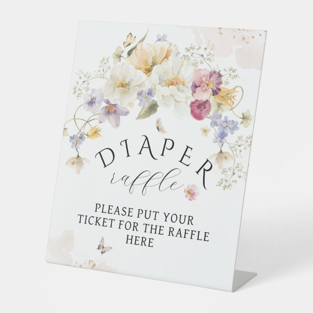 Bloom Wildflower Rustic Baby Shower Diaper Raffle Pedestal Sign (Front)