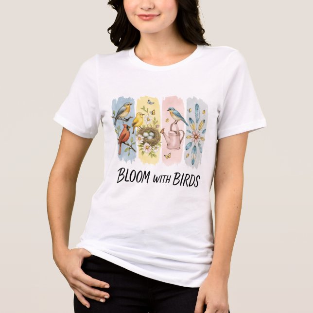 Bloom with Birds Spring Nature Illustration Tri-Blend Shirt (Front)