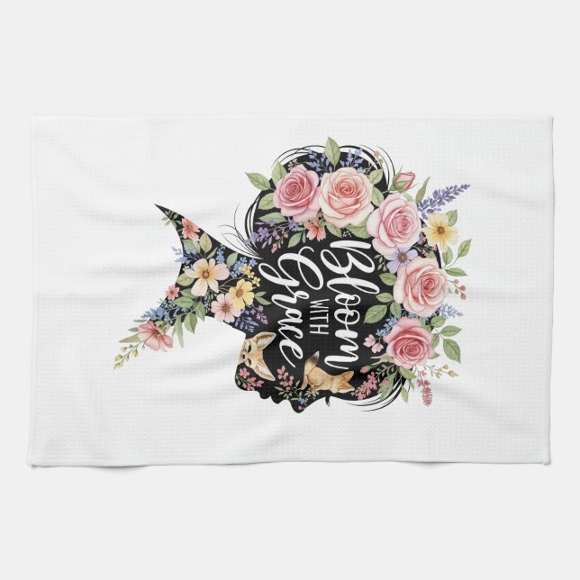 Bloom with Grace Elegant Floral Inspirational Art Kitchen Towel (Horizontal)