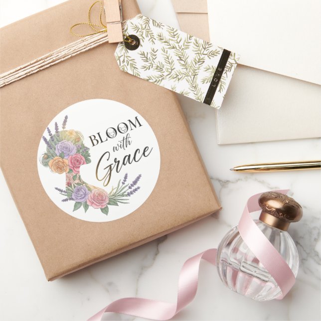 Bloom with Grace Elegant Floral Woman Silhouette Classic Round Sticker (Gifting)