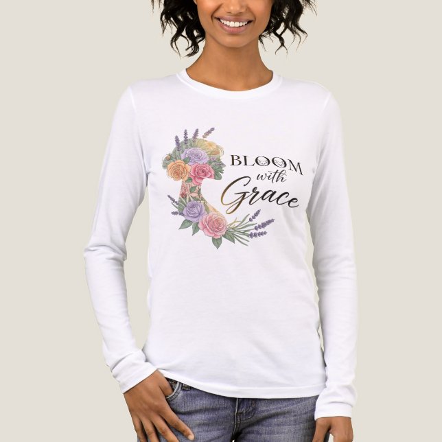 Bloom with Grace Elegant Floral Woman Silhouette Tri-Blend Shirt (Front)