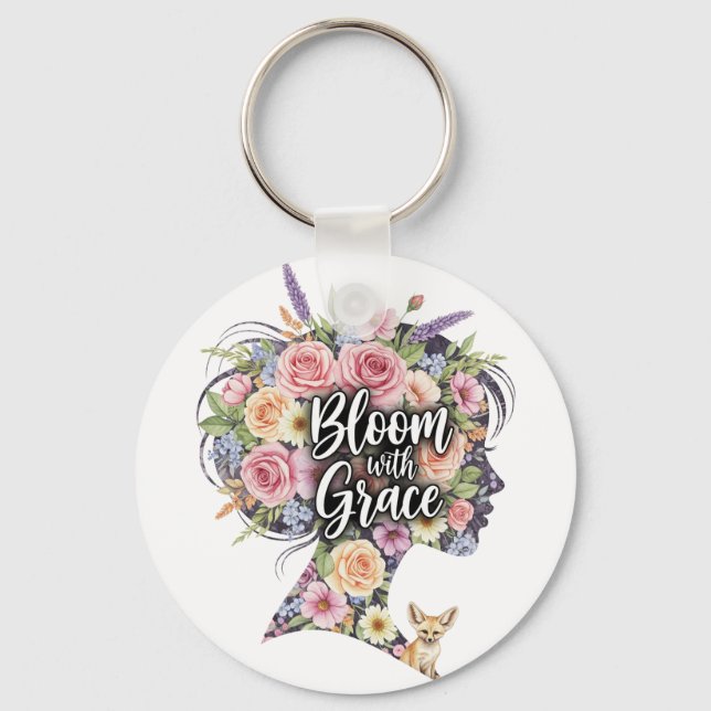 Bloom with Grace Floral Inspirational Quote Design Keychain (Front)