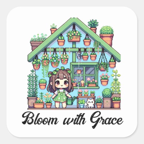 Bloom with Grace  Kawaii Girl with Plants Square Sticker