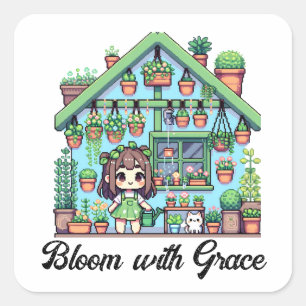 Bloom with Grace Kawaii Girl with Plants Square Sticker