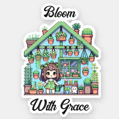 Bloom with Grace  Kawaii Girl with Plants Sticker