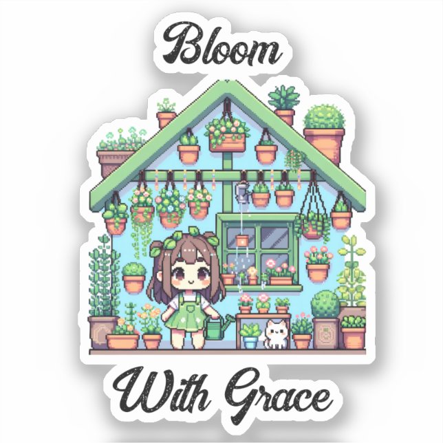 Bloom with Grace | Kawaii Girl with Plants Sticker (Front)