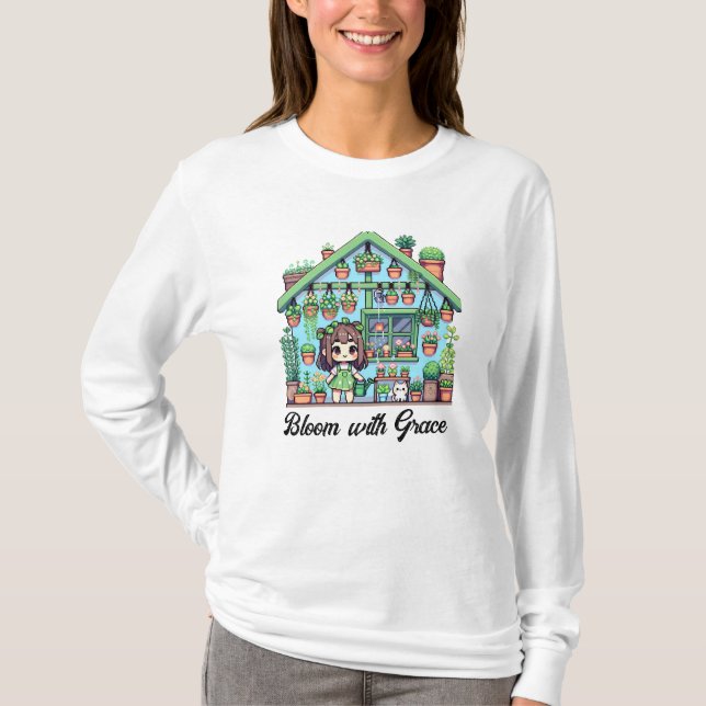 Bloom with Grace | Kawaii Girl with Plants T-Shirt (Front)