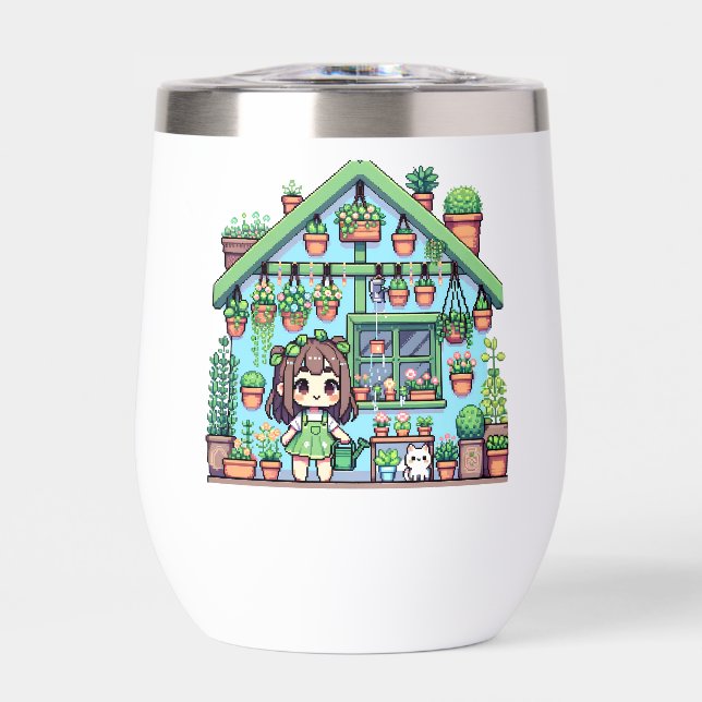 Bloom with Grace | Kawaii Girl with Plants Thermal Wine Tumbler (Front)