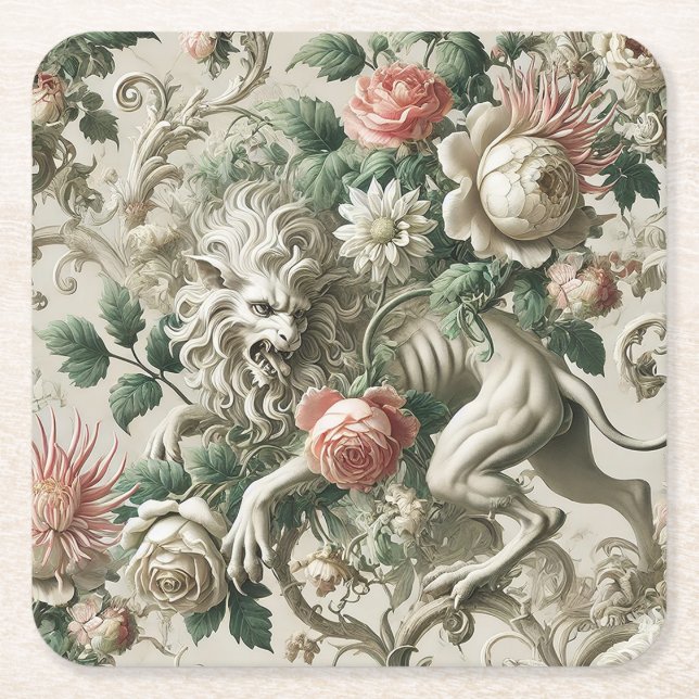 Bloombound Sentinel – Gothic Floral Design Square Paper Coaster (Front)