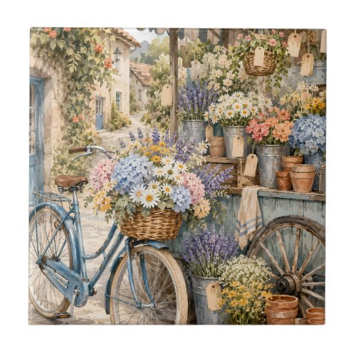 Bloomcore Flower Market Bicycle Ceramic Tile