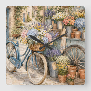 Bloomcore Flower Market Bicycle Square Wall Clock
