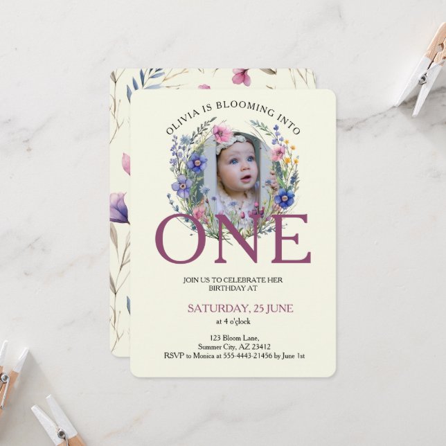 Bloomin into One Wildflower Photo 1st Birthday Invitation (Front/Back In Situ)