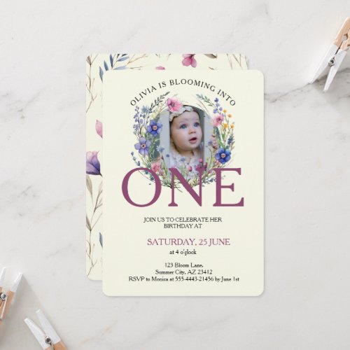 Bloomin into One Wildflower Photo 1st Birthday Invitation