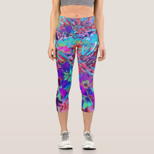 Blooming Abstract Purple and Blue Flower Capri Leggings
