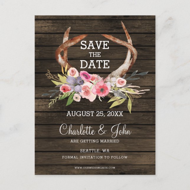 blooming antlers country chic wedding announcement postcard (Front)