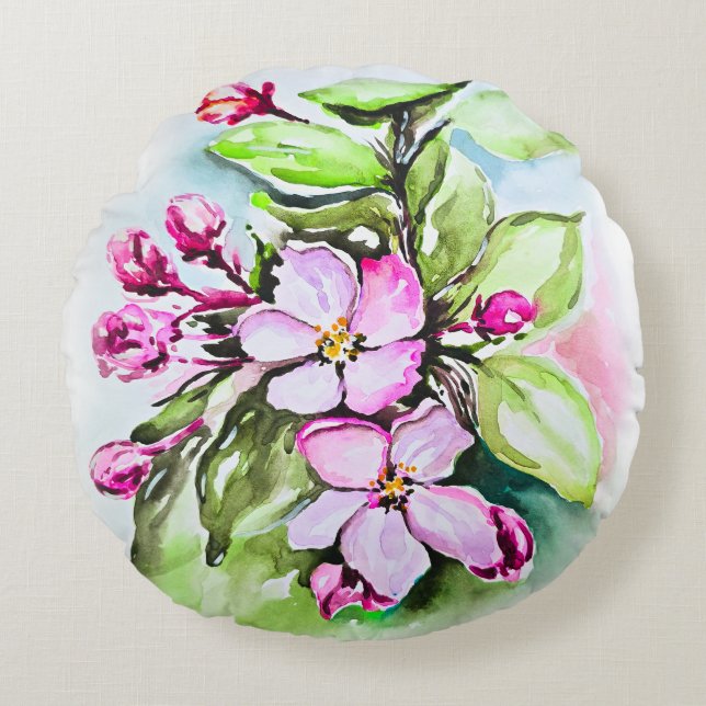  Blooming Apple Blossoms Round Pillow (Front)