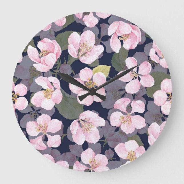 Blooming Apple: Dark Blue Watercolor Large Clock (Front)