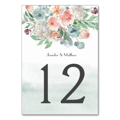 Blooming Apricot and Green Watercolor Floral  Table Number