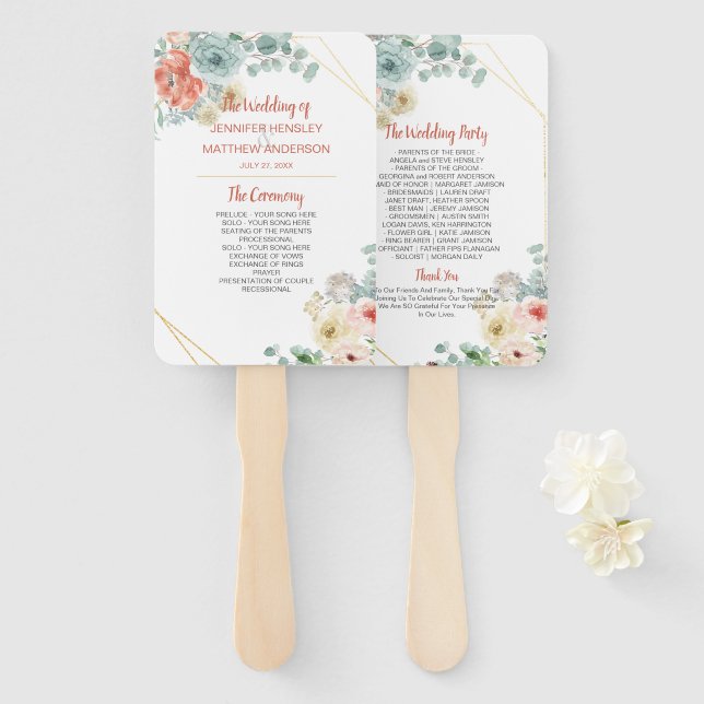 Blooming Apricot Floral Geometric Frame Wedding Hand Fan (Front and Back)