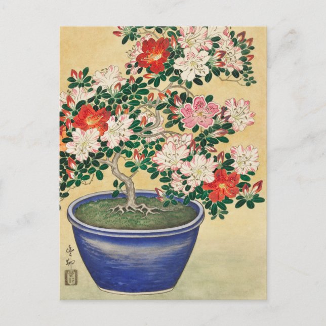 Blooming Azalea in Blue Pot by Ohara Koson Postcard (Front)