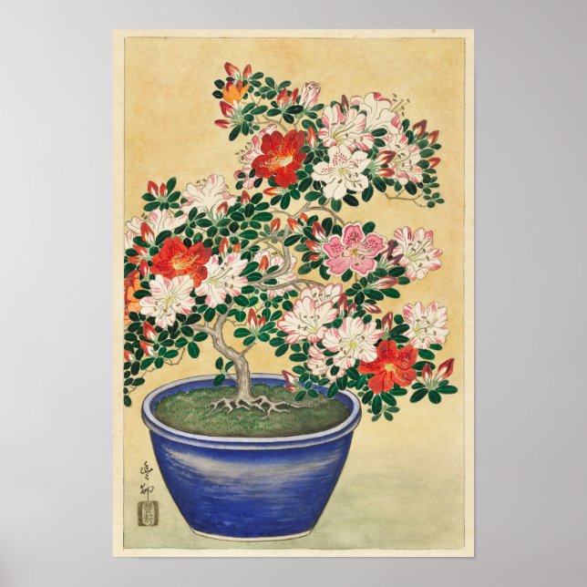 Blooming Azalea in Blue Pot by Ohara Koson Poster (Front)