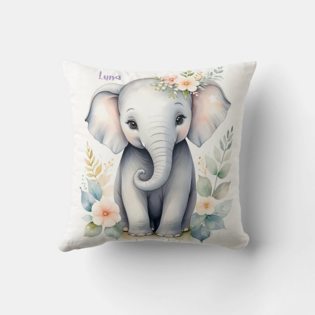 Blooming Baby Elephant Throw Pillow (Back)