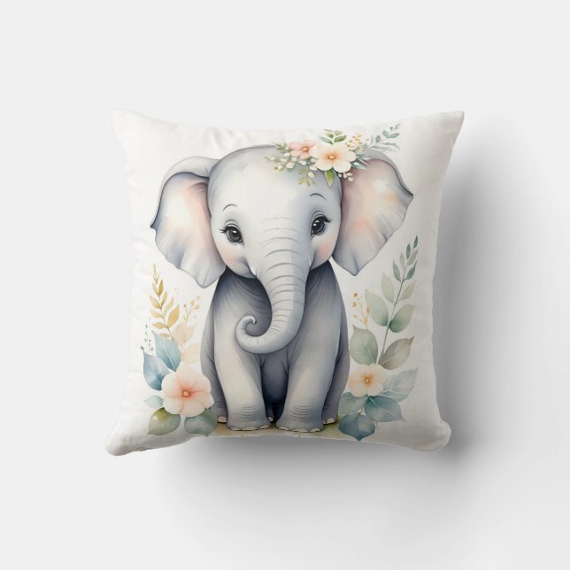 Blooming Baby Elephant Throw Pillow (Back)