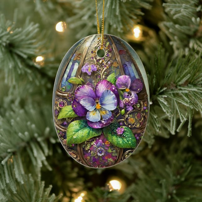 Blooming Birds Foot Violets Wildflowers Easter Egg Ceramic Ornament (Tree)