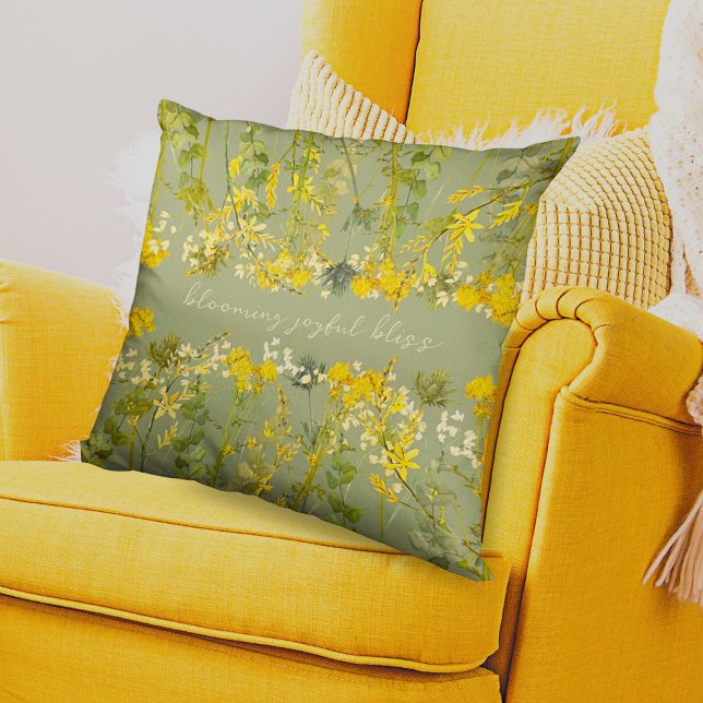 Blooming Bliss Yellow & Green Floral Inspirational Throw Pillow (Creator Uploaded)