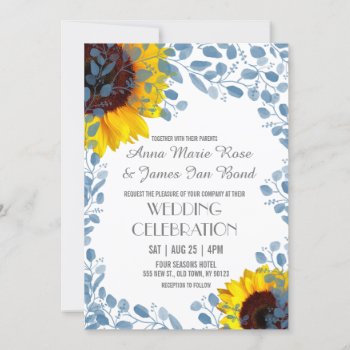 Blooming Blue Sunflower Floral Wedding Invitations by FancyMeWedding at Zazzle